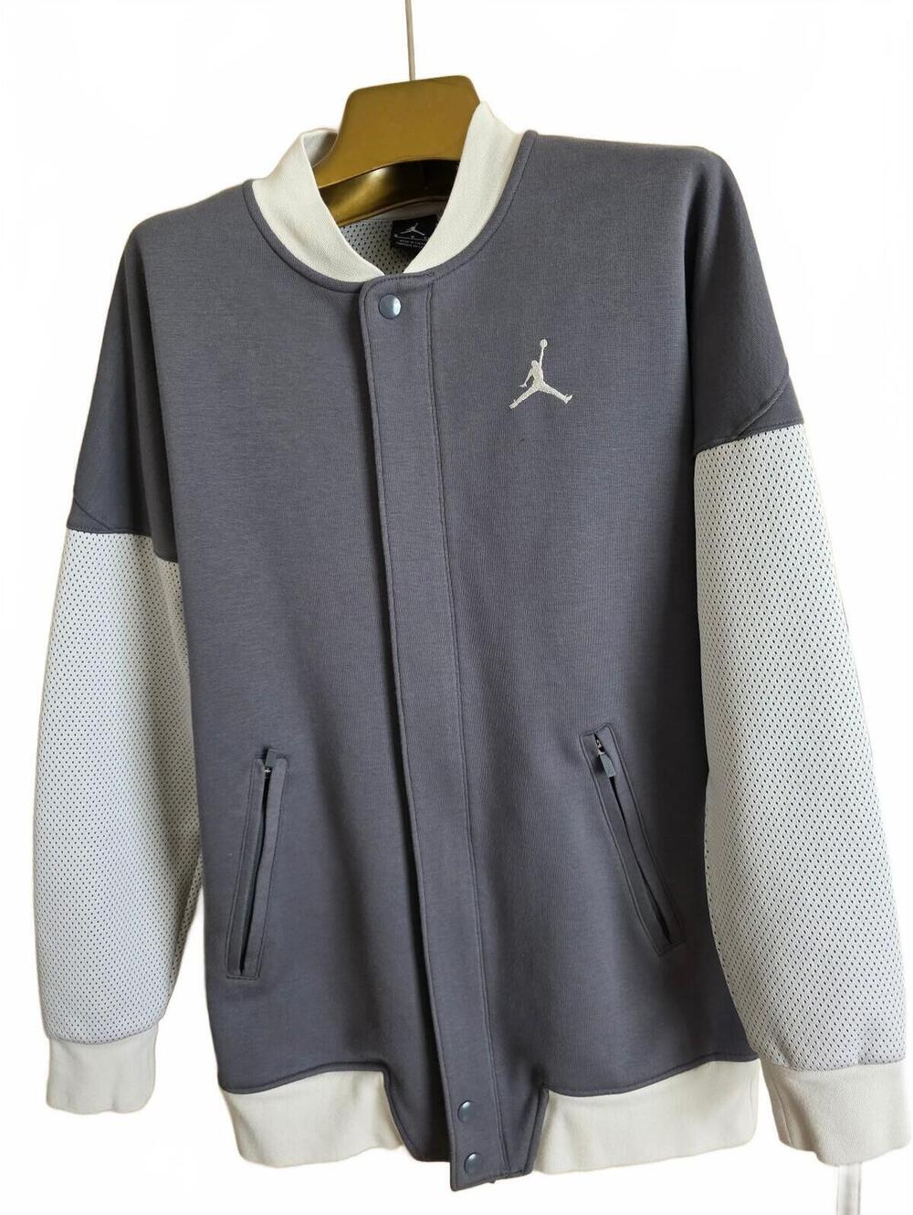 Jordan Men's Gray and White Varsity Jacket with Texture Mesh Sleeves Size Small